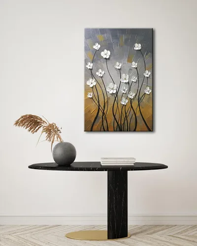Vista 5 de Wieco Art Pinturas al óleo 100% pintadas a mano, lienzo abstracto, arte de pared, diseño moderno de flores estiradas, listo para colgar, para sala