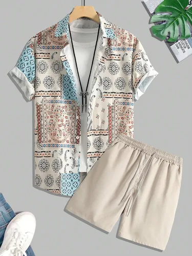 Vista 3 de COZYEASE Conjunto de 2 piezas de camisa y pantalones cortos de manga corta con botones y estampado floral para hombre