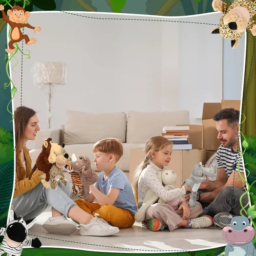 Vista 6 de Lenwen Juego de 10 títeres de mano de animales para niños, juguetes de selva de felpa suave con boca abierta y movible, amigo, safari, vida
