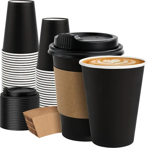 Vista 10 de METAPRINT - Paquete de 100 tazas de café desechables de 16 onzas con tapas Negro