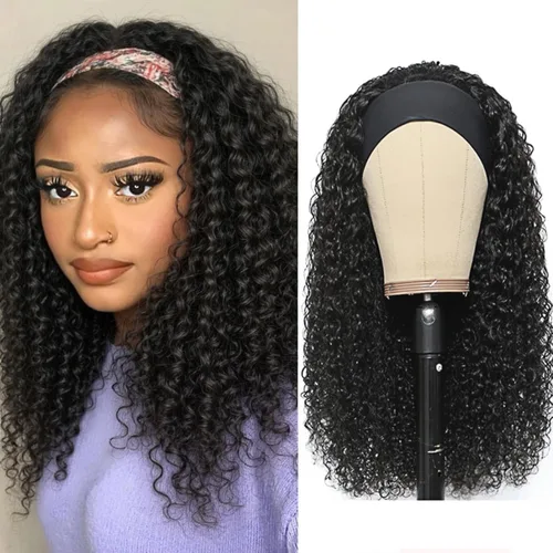 Vista 35 de Peluca con Diadema de Cabello Humano 1B/99J Borgoña Peluca con Diadema de Ondas Profundas Peluca con Diadema Rizada de Color Rojo Sin Pegamento