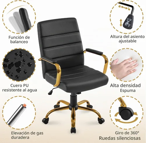 Vista 9 de Yaheetech Silla de Oficina de Respaldo Medio de Cuero PU Silla de Escritorio Ejecutiva Ajustable con Soporte Lumbar Patas Doradas Asiento Negro
