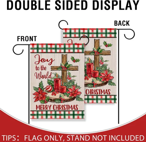 Vista 4 de Artofy Bandera de jardín decorativa pequeña cristiana de Feliz Navidad, cruz religiosa, flor de pascua, decoración exterior de césped, vela