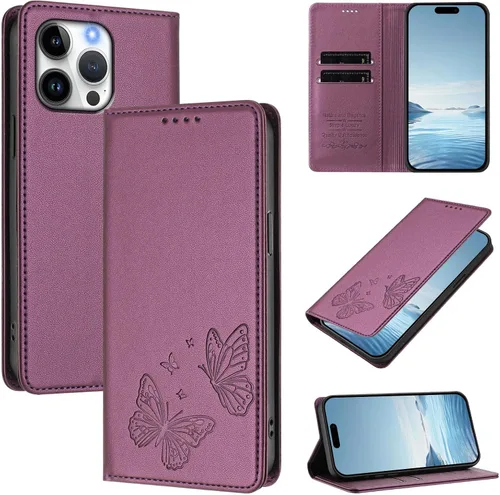 Vista 2 de Butterfly Embossed Leather Wallet Flip Case for Motorola Moto E22 4G, Magnetic Closure, RFID Blocking Cover, Card Holder Purple.