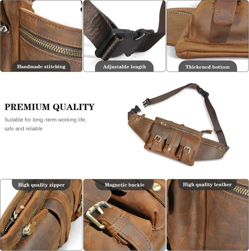 Vista 5 de Grueso caballo loco cuero senderismo equitación viaje al aire libre cinturón riñonera riñonera pequeña bolsa de teléfono para hombres mujeres 380