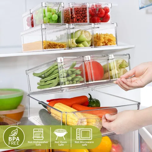 Vista 2 de Paquete de 10 cubos organizadores de despensa para refrigerador, cubos organizadores apilables para refrigerador con tapas, contenedores de plástico