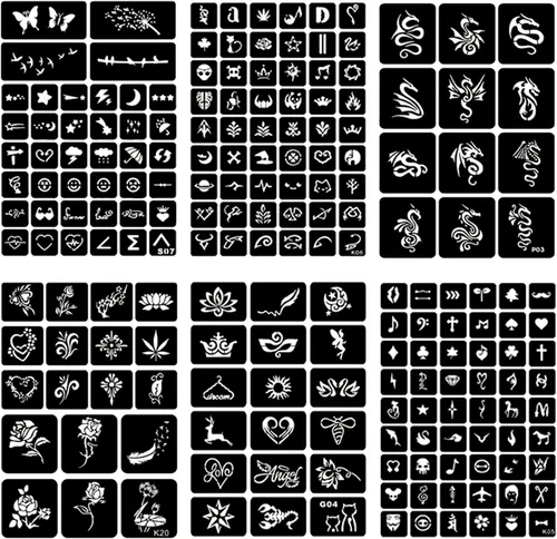 Vista 3 de ChurlChurl 20 hojas de plantillas temporales de tatuaje, más de 622 piezas de plantillas de tatuaje de henna para pintura facial y cuerpo