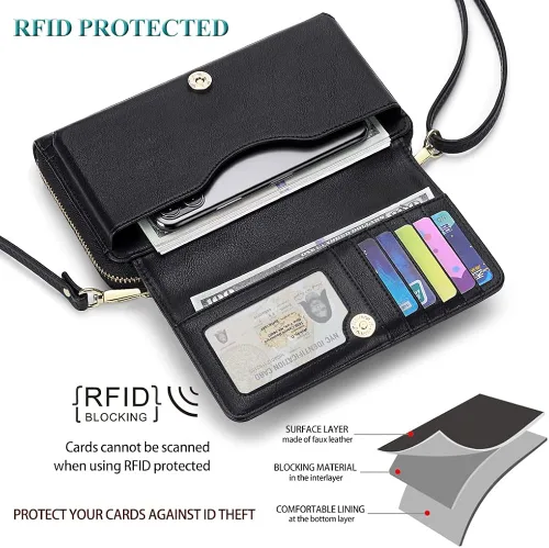 Vista 4 de Peacocktion Cartera para mujer con RFID, cartera cruzada de gran capacidad, 2 correas