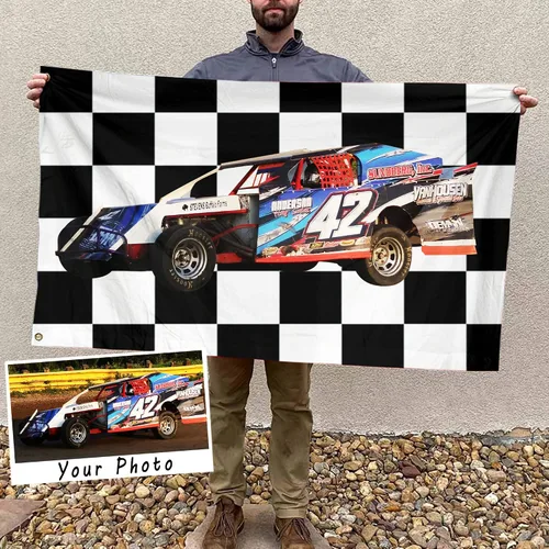 Vista 13 de Sprint Car Racing - Foto personalizada, nombre y número de carreras de bandera estadounidense a cuadros para amantes de las carreras de pista