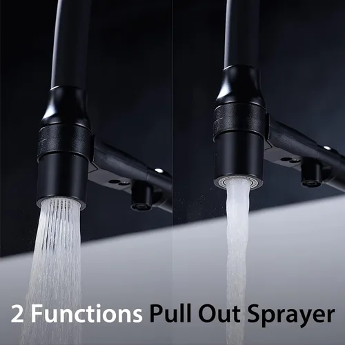 Vista 3 de TRUSTMI Grifo de cocina negro con rociador extraíble, acoplamiento magnético, un solo agujero, 2 asas, con boquilla de agua potable, negro mate