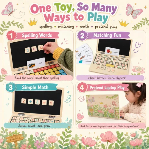 Vista 4 de Montessori Toys - Regalos de cumpleaños para niñas de 4 años, portátil floral de 11.8 pulgadas, artículos esenciales para la escuela en casa, juego