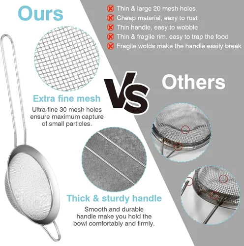 Vista 4 de 15 coladores pequeños de acero inoxidable, pequeño colador de té de malla fina, mini tamiz de acero inoxidable con asa, coladores de metal de cocina