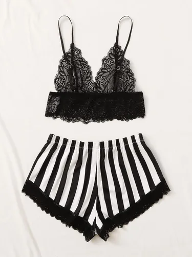Vista 2 de OYOANGLE Conjunto de pijama de 2 piezas para mujer, con encaje floral, lazo frontal, brasier y pantalones cortos