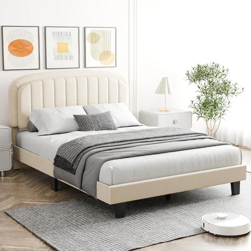Vista 7 de Cozy Castle Base de cama tamaño Full, plataforma tapizada con cabecera curvada ajustable de terciopelo, base de colchón con listones de madera Crema