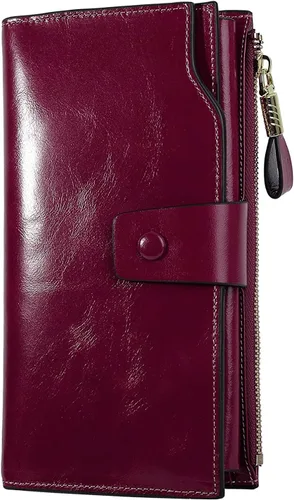 Vista 12 de Cartera plegable de cuero de gran capacidad con bloqueo RFID para mujer