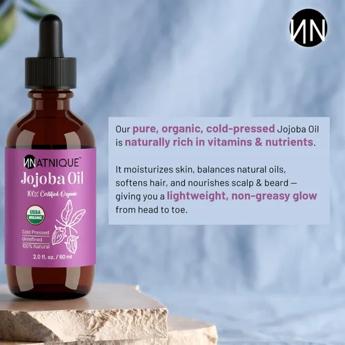 Vista 2 de Natnique Aceite de jojoba orgánico, cepillo incluido, certificado USDA, prensado en frío, sin refinar y sin hexano, hidratante puro para cabello