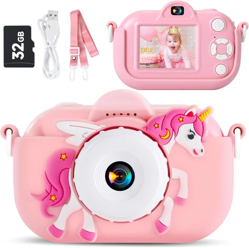 Vista 13 de MAVOKIS Cámara digital para niños de 3 a 8 años, cámara 1080P para niños con tarjeta SD de 32 GB, juguetes para niñas de 6 a 9 años, regalos de Rosa
