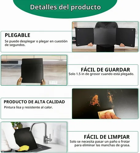 Vista 4 de Grande Protector de 3 Lados contra Salpicaduras para Freír en la Estufa, Protector contra Salpicaduras de Aceite para Cocinar en la Estufa Negro