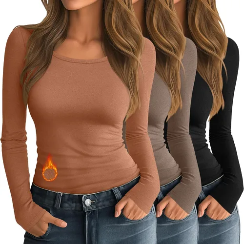 Vista 15 de Neer - Paquete de 3 camisas térmicas para mujer de manga larga, cuello redondo, forro polar, ajustadas, básicas, para invierno, capa base