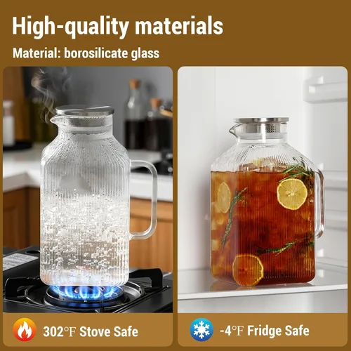 Vista 6 de Jarra de vidrio cuadrado grueso de 1 galón con tapa, jarras de agua clásicas a rayas para refrigerador, jarra de vidrio de borosilicato para bebidas