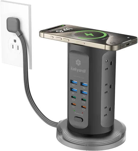 Vista 10 de Torre de Regleta de Alimentación, kakyanill Torre Protectora contra Sobretensiones 9 Tomas de CA 8 USB (4 USB C), Cable de Extensión Retráctil de 6
