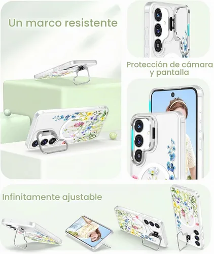 Vista 4 de Dretal Funda magnética para Samsung Galaxy S24 Plus/S25 Plus floral, soporte de lente integrado, protector de pantalla, funda magnética translúcida