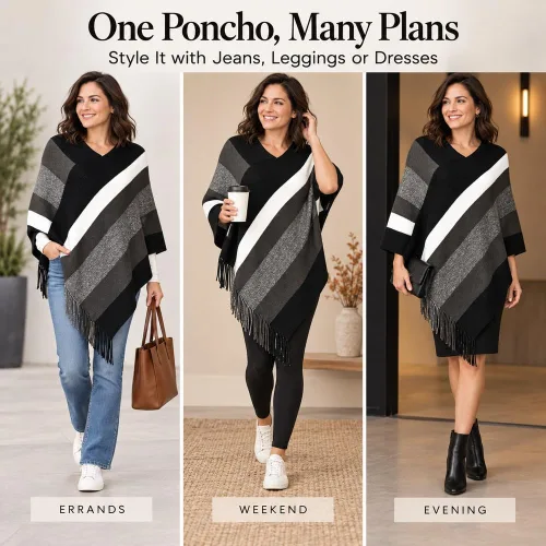 Vista 2 de Ferand Suéter tipo poncho a rayas para mujer, acogedor chal de punto con flecos para otoño e invierno Negro & gris