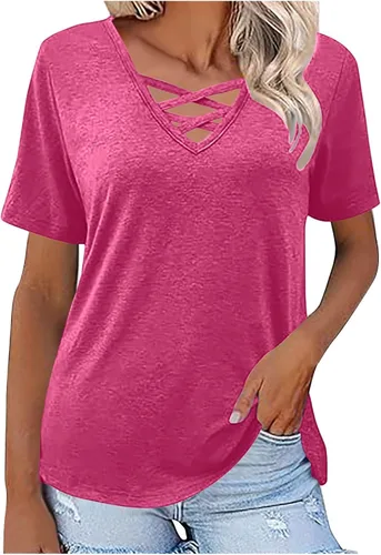 Vista 8 de Camisetas de verano para mujer, cuello en V entrecruzado, manga corta, holgadas, elegantes, casuales, básicas, suaves