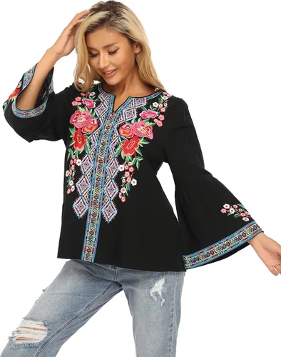 Vista 7 de YZXDORWJ Blusa casual mexicana con volantes y mangas acampanadas para mujer, talla grande, talla XXL