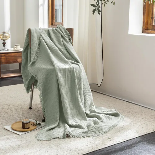 Vista 45 de FOSSA Manta de Muselina con Flecos - Gasa de Algodón 100% de 4 Capas Súper Suave y Transpirable - Manta Decorativa Ligera y Refrescante para Cama