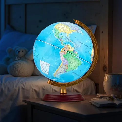 Vista 7 de Goplus Globo del mundo iluminado de 8 pulgadas, lámpara de globo iluminado de noche con soporte de madera y mapa HD para adultos, oficina en casa