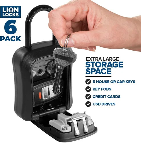 Vista 2 de Lion Locks Caja de seguridad para llaves, paquete de 6 unidades, color negro, solución segura para llaves con cerradura de combinación para hogares