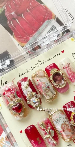 Vista 4 de Boudoir red angel! press on nails, False nail, fake nails, handmade, nail art design by make.a.nail.make.a.wish