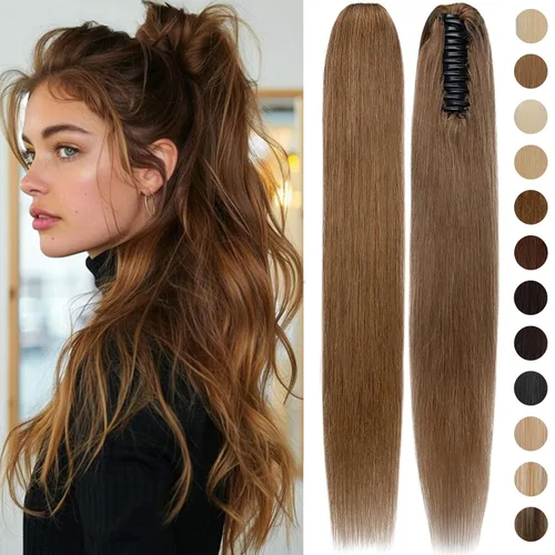 Vista 51 de Rich Choices Extensión de cola de caballo con clip de garra, cabello humano real, una pieza, extensiones de cabello largo Remy para mujer, #18P613