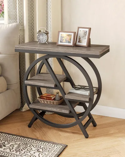 Vista 6 de LITTLE TREE - Mesa auxiliar estrecha con 4 niveles de gran espacio de almacenamiento, mesa de noche moderna para sala de estar, oficina en casa Gris