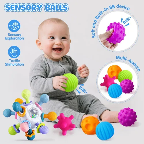 Vista 4 de Juguetes 6 en 1 para bebés de 6 a 12 meses, juguete Montessori para niños de 1 año, juguete de dentición para bebés, apilar tazas, cubo sensorial