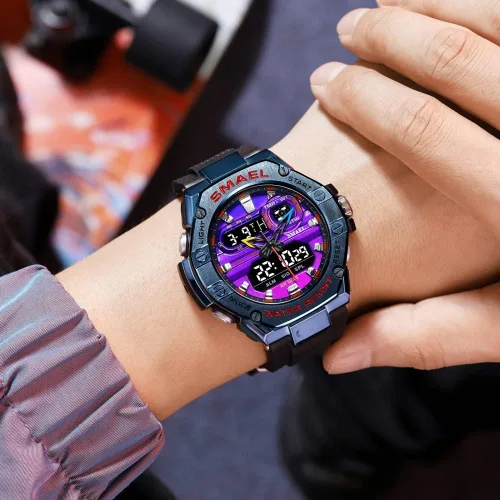 Vista 3 de SMAEL Reloj deportivo para hombre, reloj de doble tiempo para hombre, reloj de luz LED, alarma 8066, reloj deportivo de moda, reloj de pulsera