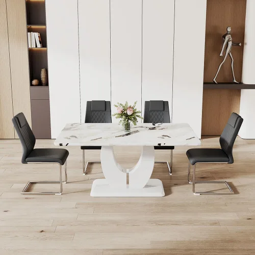 Vista 7 de JUFU Mesa de comedor de mármol sintético blanco para 6, con 6 sillas de comedor tapizadas de cuero PU