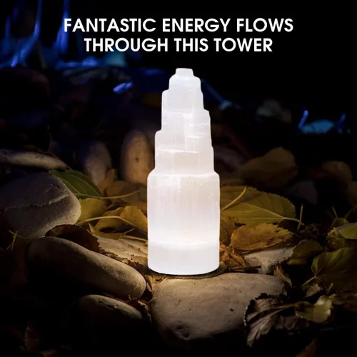 Vista 3 de Himalayan Glow WBM - Torre de selenita rascacielos de 3.9 in, decoración natural para el hogar y meditación de piedra de selenita, 3 piezas, lámpara