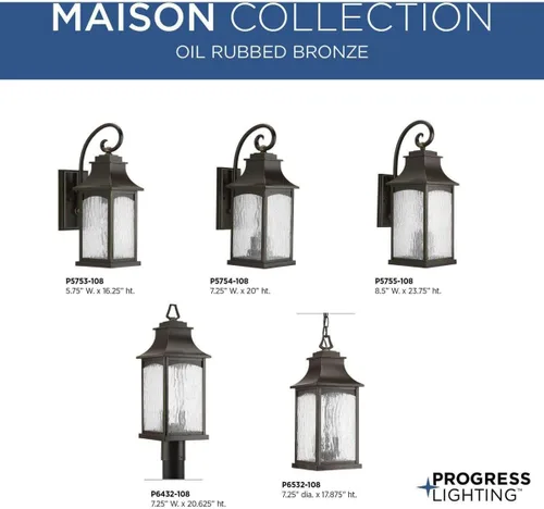 Vista 5 de Progress Lighting Maison Collection - Farol de pared pequeño de cristal sembrado de agua para exteriores, 1 luz, bronce aceitado