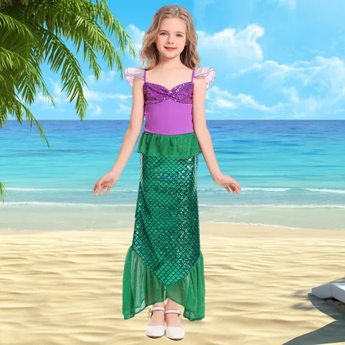 Vista 5 de Oumbivil Mermaid Ariel Costume for Grils Princess Dress Cosplay Birthday Party Halloween Costumes with Wig and Accessories