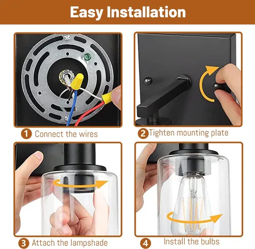 Vista 7 de Juego de 2 apliques de pared, juego de luces de baño negro mate, juego de luces de pared de granja, luces de tocador con pantalla de vidrio