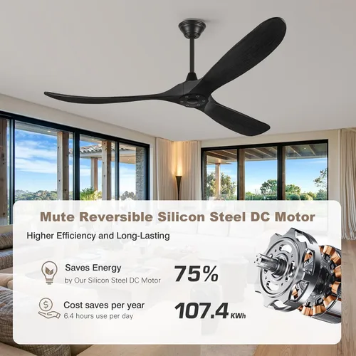 Vista 6 de Ventilador de techo negro sin luz, 52 pulgadas, moderno, para interiores y exteriores, 3 aspas, a prueba de humedad, ventilador de techo de madera