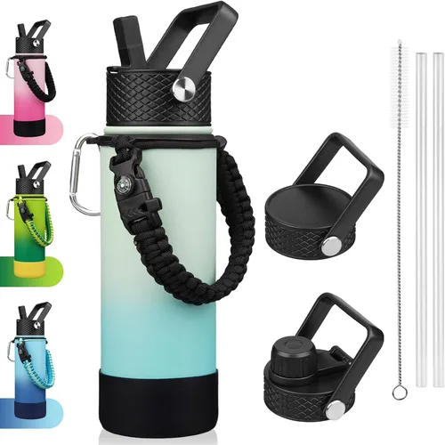 Vista 50 de BJPKPK - Botella de agua con tapa de popote, botellas de agua aisladas de 18 onzas con 3 tapas, asa de cuerda de paracaídas y base antideslizante