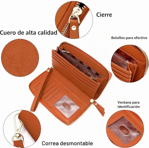 Vista 4 de VOCUS Cartera de mujer con bloqueo RFID de cuero PU con cremallera alrededor, gran cartera de viaje larga, con tarjetero y tira para la muñeca Marrón