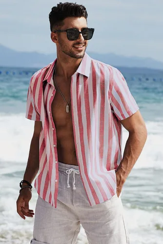 Vista 235 de JMIERR Camisas de vestir a rayas con botones y manga corta para hombre