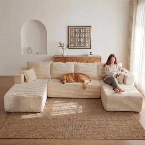 Vista 17 de Sofá grande sin hueso de 125 pulgadas con diván, moderno sofá modular con asiento profundo, sofá tapizado de pana en forma de U para sala de estar
