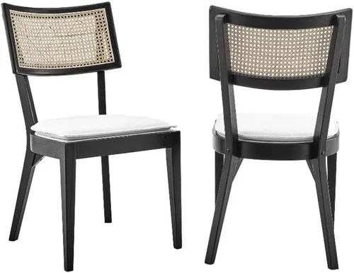 Vista 5 de Modway Caledonia - Silla de comedor de madera con caña de ratán en color beige negro - Juego de 2