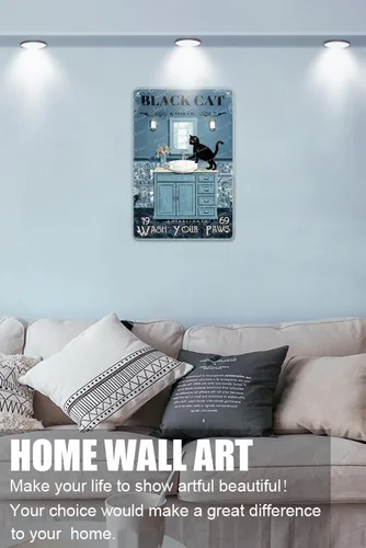 Vista 2 de Zomyto Letrero de metal retro para decoración de baño, diseño de gato negro con texto en inglés "Wash Your Paws", divertido póster para baño, baño
