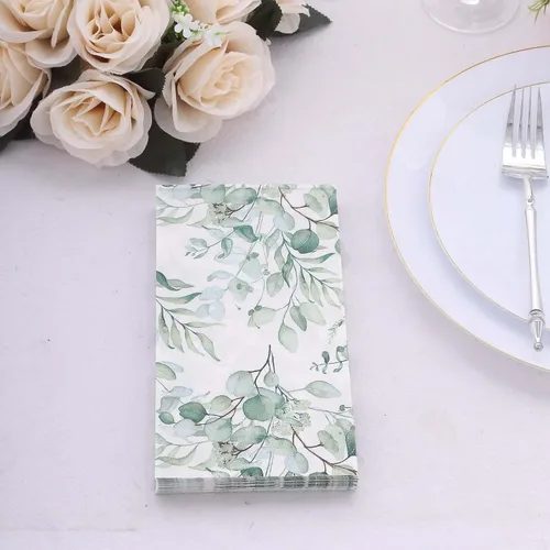Vista 8 de Efavormart - Paquete de 20 servilletas de papel con estampado de hojas de eucalipto verde con una textura suave de 2 capas absorbente para bodas